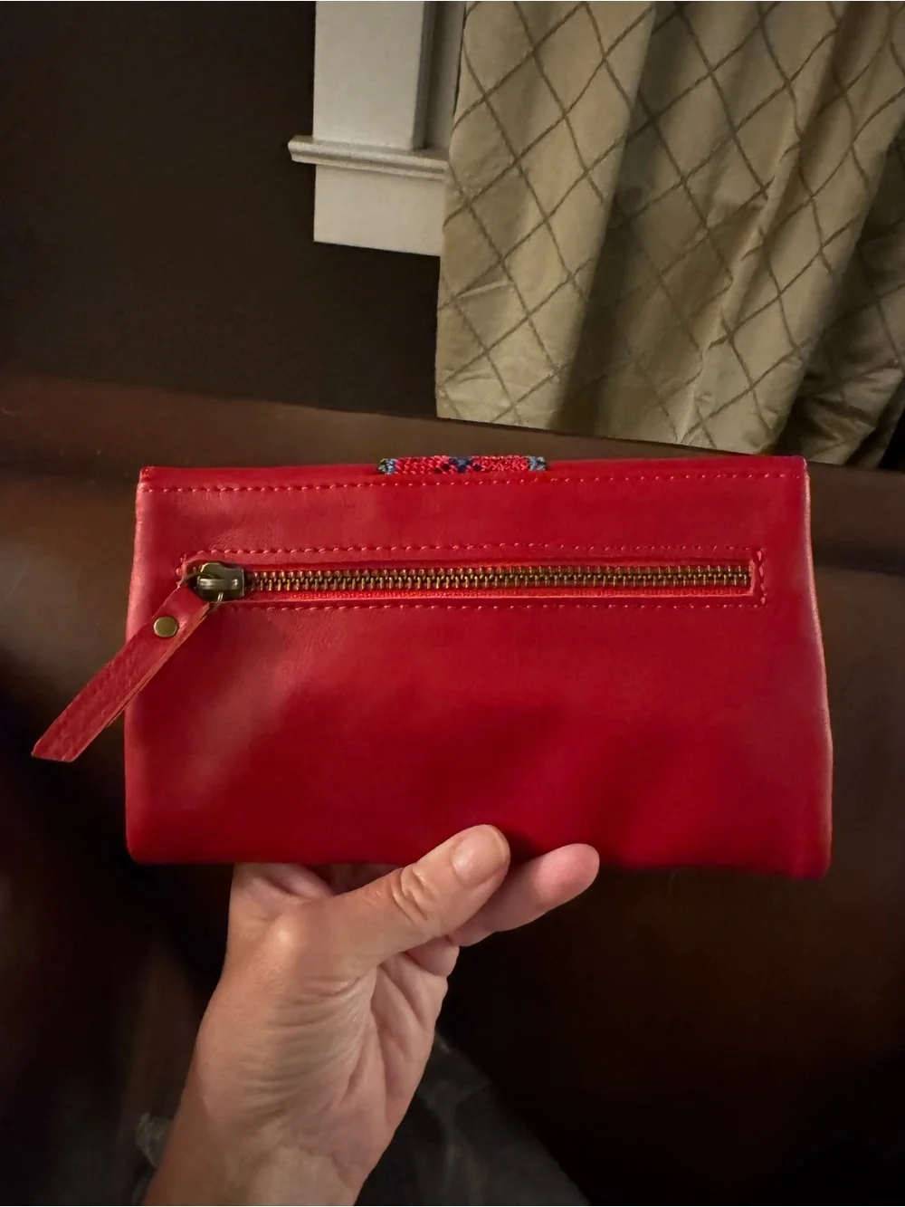 NWT Women's red leather wallet with card slots. Palestinian embroidery on front